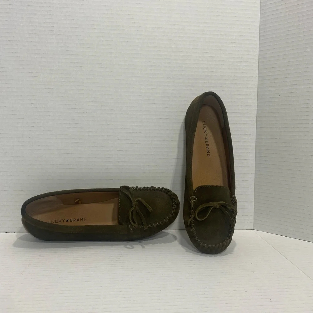 Lucky Brand Awra Olive Green Suede Leather Moccasin Flats Shoes Size 8